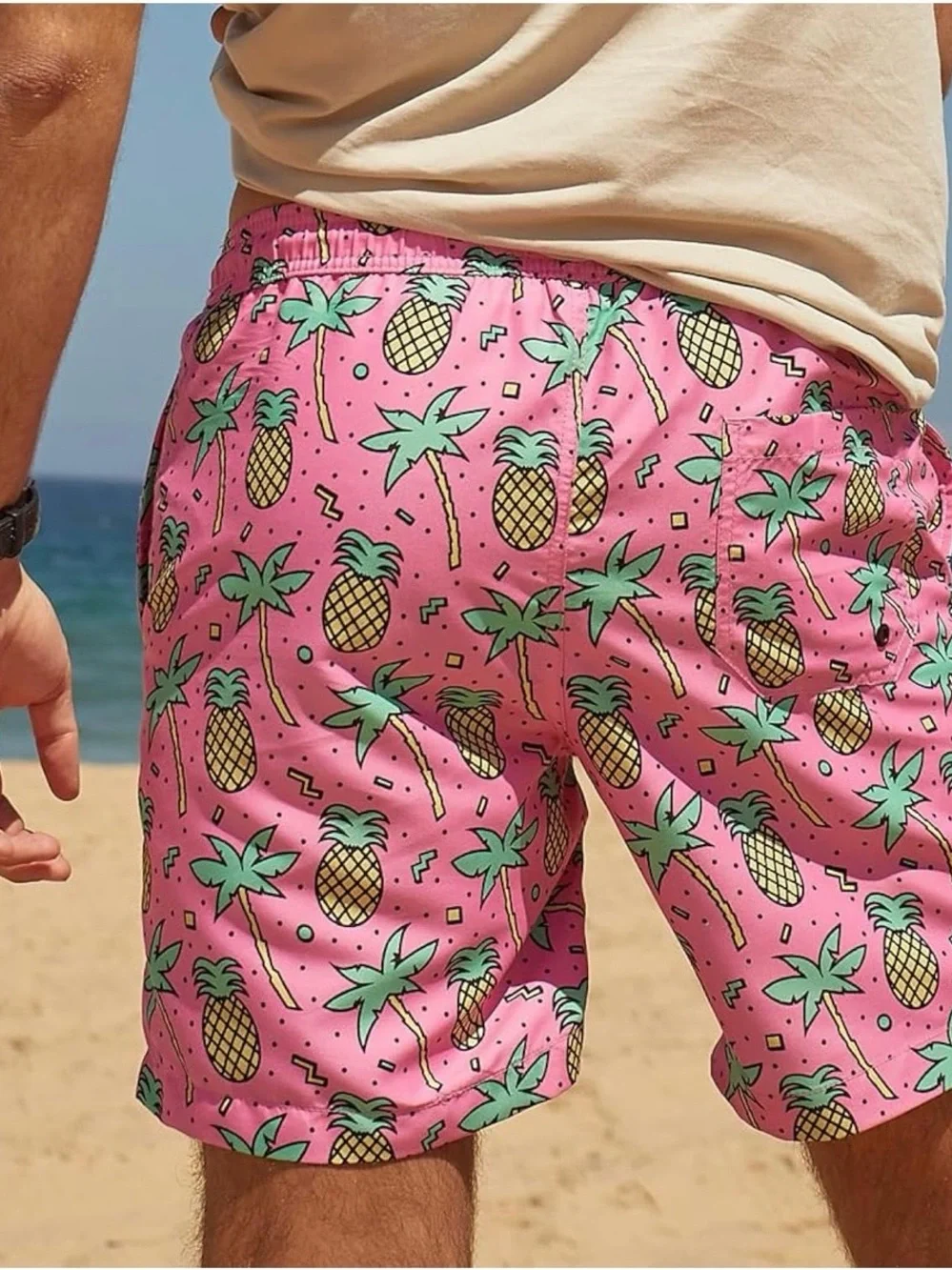 Men's Pink Pineapple Print Swim Trunks with Green Accents